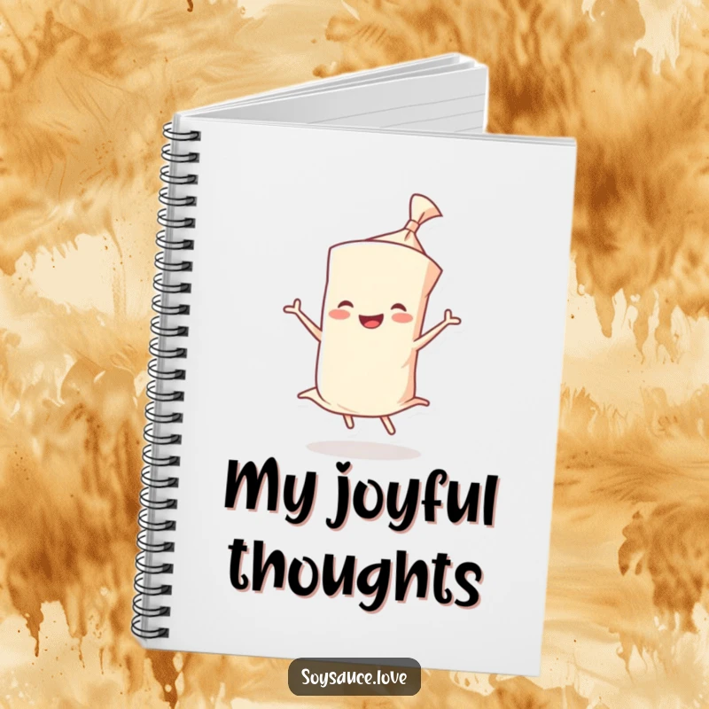Funny notebook featuring a smiling wonton wrapper character doing a twirl, ready for jotting down happy ideas.