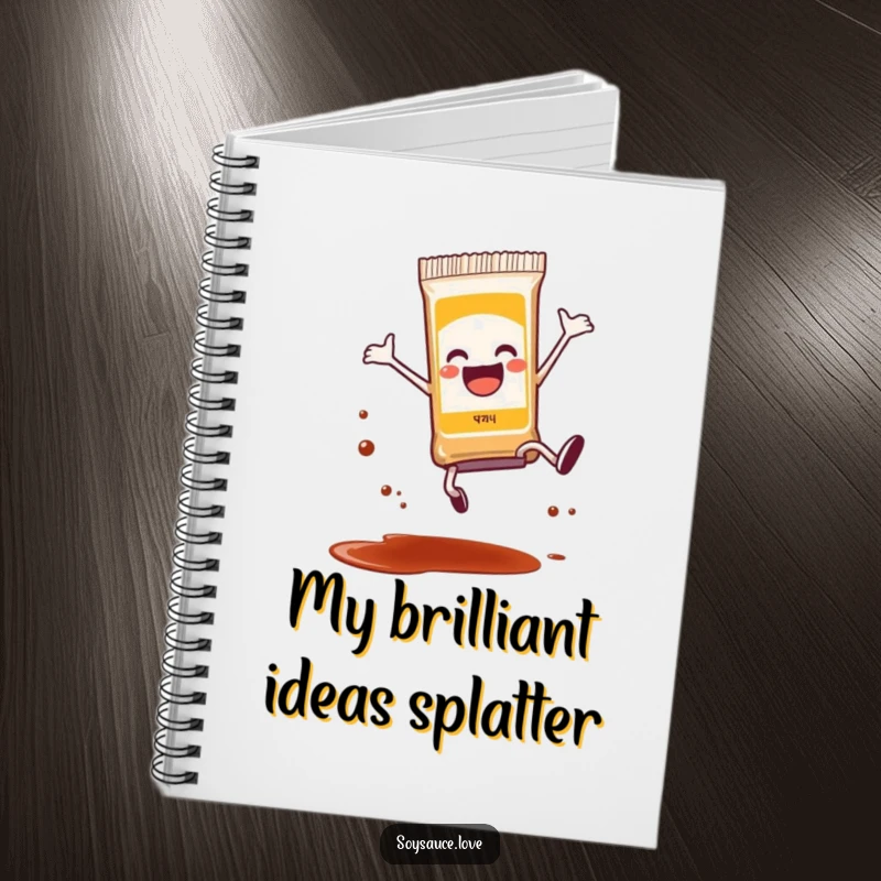 Funny anthropomorphic soy sauce packet doing a joyful cartwheel, with a tiny bit of splatter, dynamic and humorous notebook.