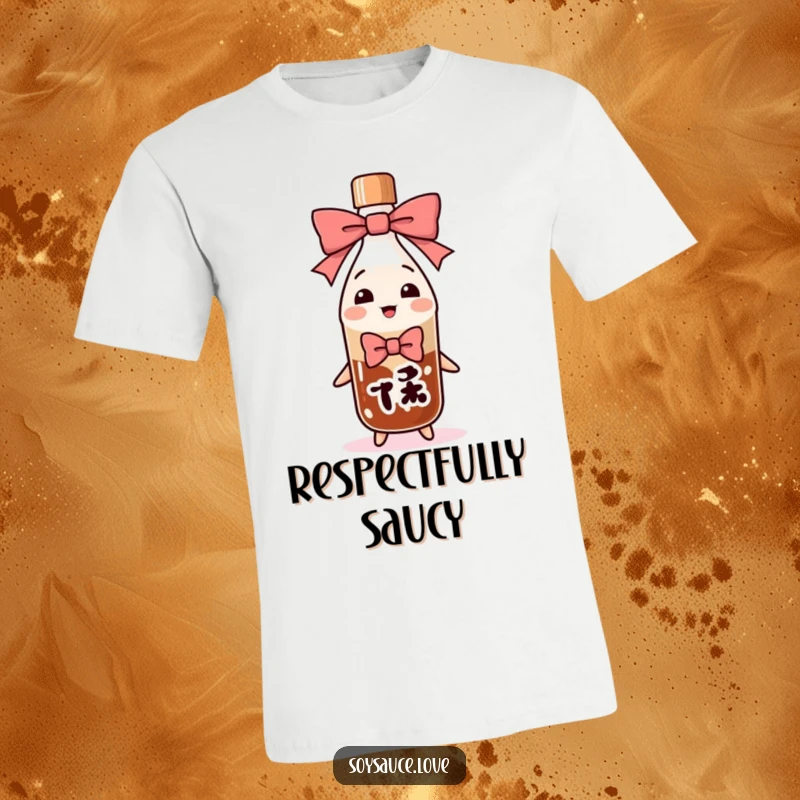 Funny soy sauce bottle character performing an exaggerated, deep bow, printed on a t-shirt for a humorous and respectful statement.