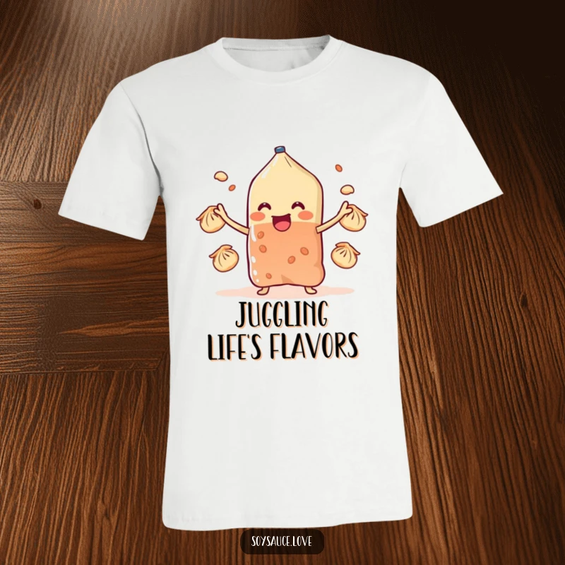 Funny soy sauce sachet character with stubby arms juggling tiny dumplings, printed on a t-shirt for a humorous and active design.