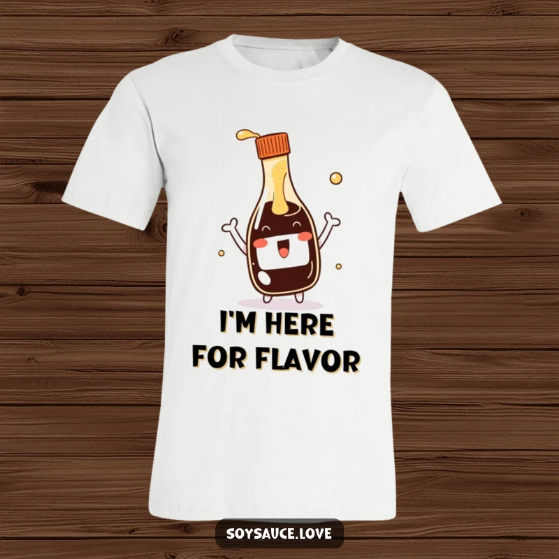 Funny kawaii soy sauce bottle t-shirt, depicted with a joyful attitude, enthusiastically offering a generous splash from its spout.