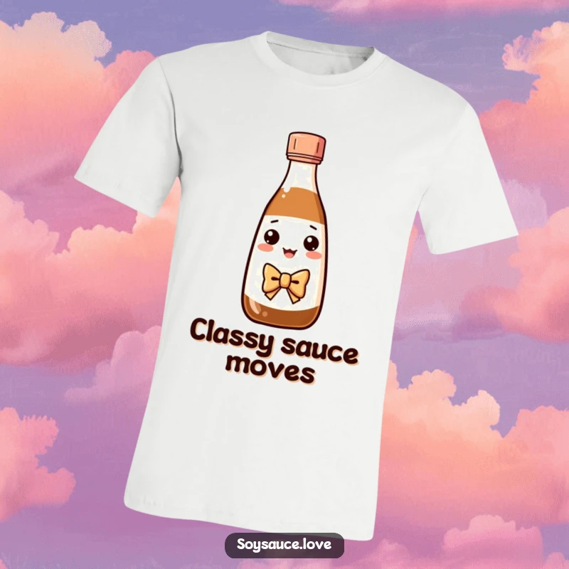 Funny Kawaii soy sauce bottle wearing a bow tie, gracefully bowing, printed on a t-shirt.