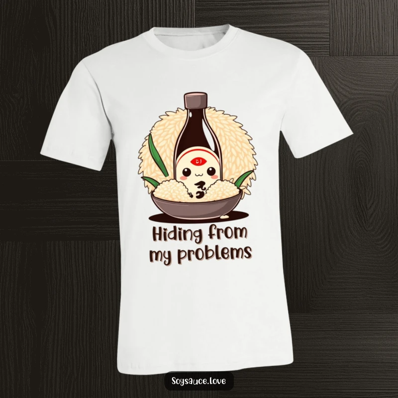 Funny Kawaii t-shirt showcasing a cute soy sauce bottle character playfully hiding behind a large grain of rice, ideal for a humorous foodie look.