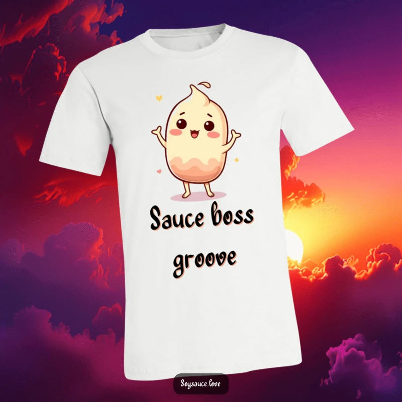Funny Kawaii soy sauce character breaking out in a silly jig, a humorous design on a t-shirt.