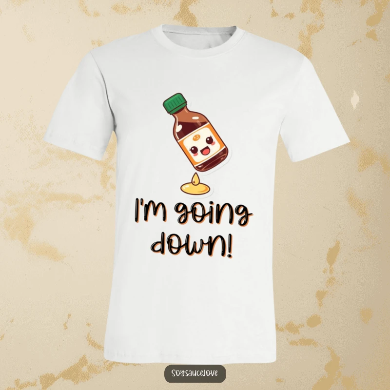 Funny soy sauce bottle t-shirt illustrating a character comically slipping on a tiny drop, perfect for fans of food-related humor.