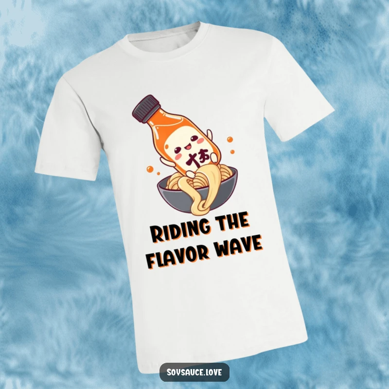 Funny anthropomorphic soy sauce bottle in motion, sliding down a noodle, printed on a t-shirt for a humorous and unique look.