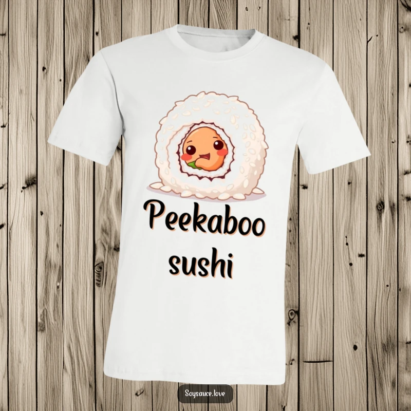 Funny t-shirt with a mischievous sushi roll playfully peeking out from behind a large grain of rice, looking sly.