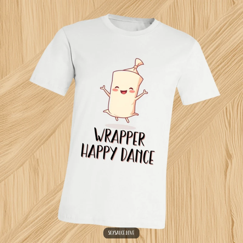 Funny t-shirt showcasing a smiling wonton wrapper character energetically doing a joyful twirl, embodying pure delight.