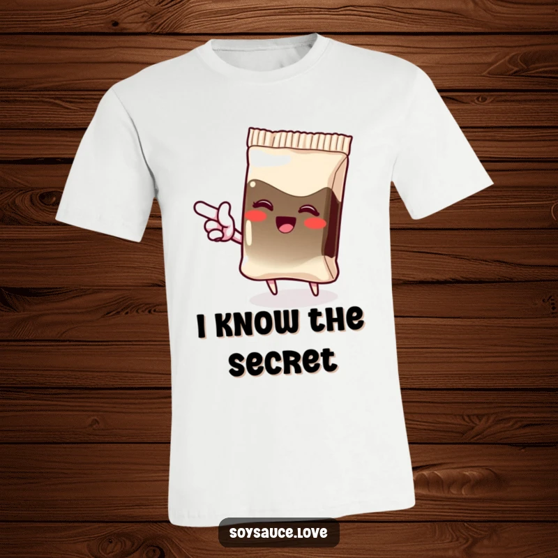 Funny t-shirt with a giggling kawaii soy sauce packet pointing excitedly, perfect for conveying happiness and playful energy.