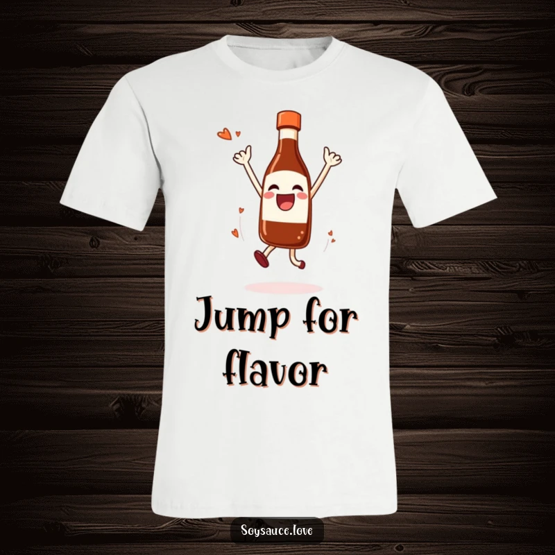 Funny T-Shirt showcasing a joyful soy sauce bottle in mid-air jump, dripping happily.