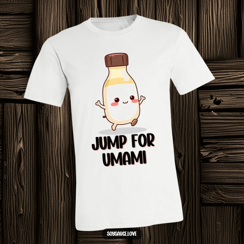 Funny Kawaii Soy Sauce T-Shirt: A cute soy sauce bottle performs a delightful hop, showcasing a spirit of fun and condiment excitement.