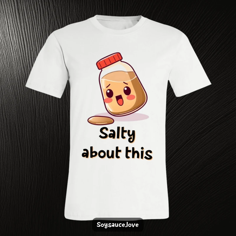 Funny Kawaii Soy Sauce T-Shirt, a surprised soy sauce bottle tipping over, funny apparel for condiment enthusiasts.
