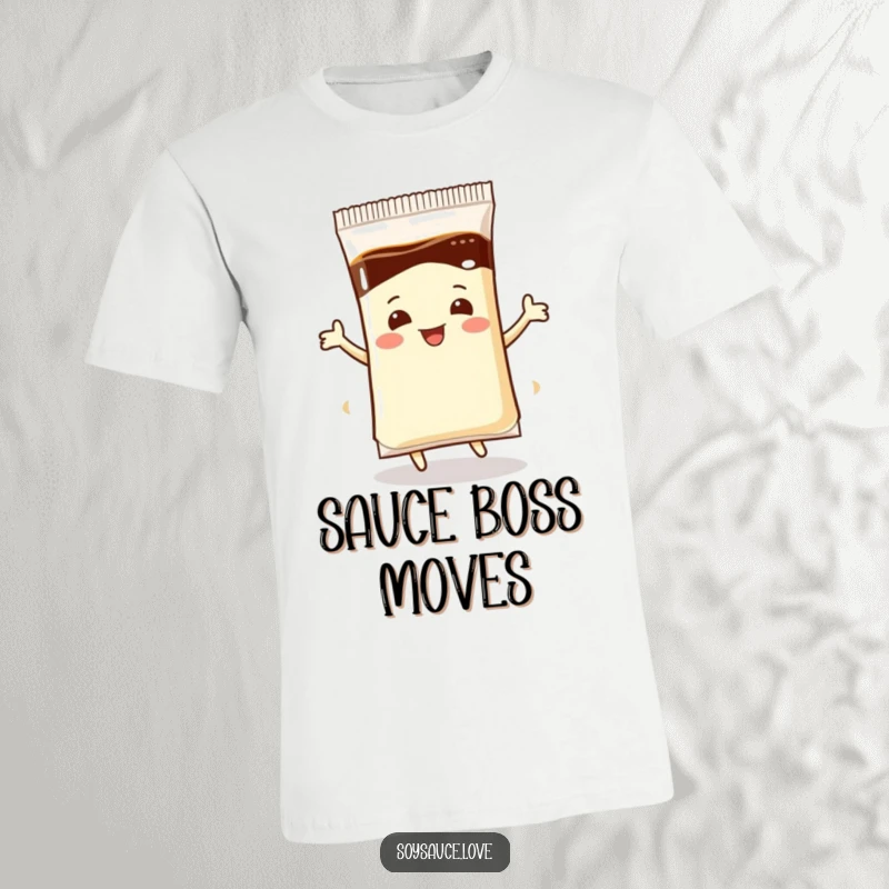 Funny T-Shirt: A happy soy sauce packet is captured mid-bounce, dancing with pure delight and condiment charisma.