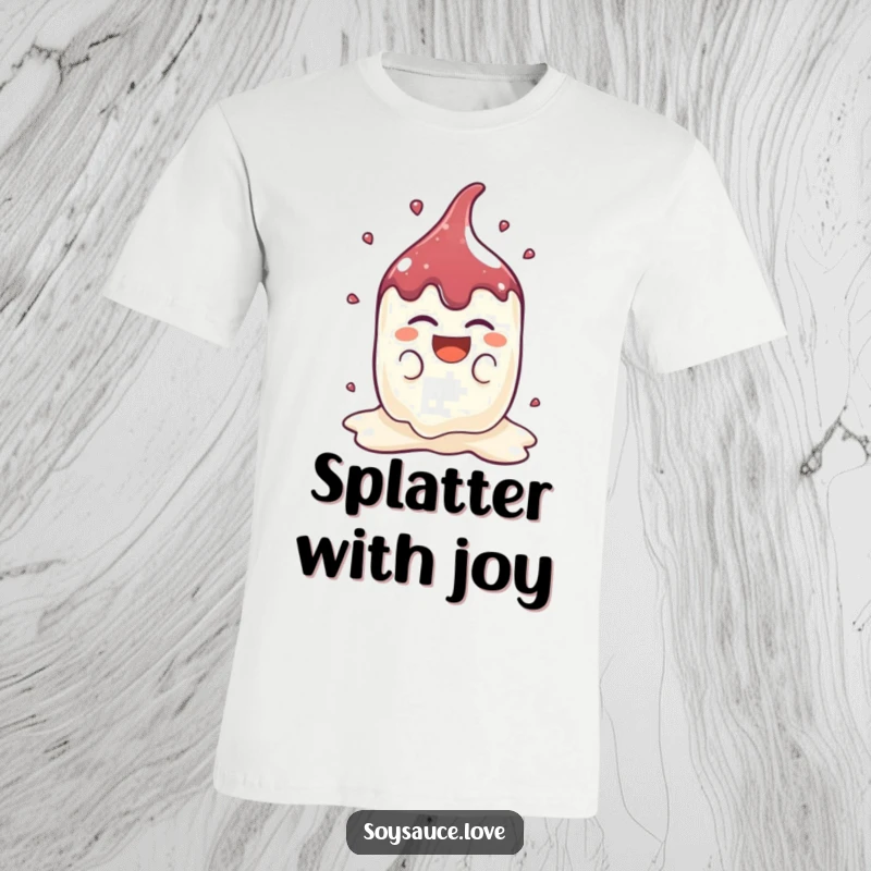 Funny Kawaii Soy Sauce T-Shirt: A cute soy sauce splat character is laughing heartily, showcasing pure, uninhibited joy and condiment humor.