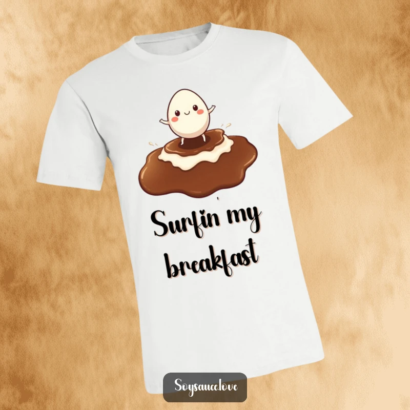 Funny t-shirt with a cheerful egg character expertly surfing a large puddle of soy sauce, embodying a sense of fun.