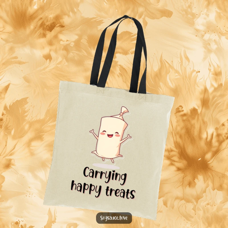Funny tote bag with a joyful wonton wrapper character doing a twirl, perfect for everyday use and carrying happy thoughts.