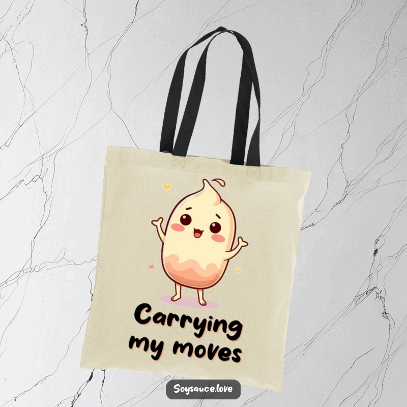 Funny Kawaii soy sauce character performing a silly jig on a tote bag, ready for the market.