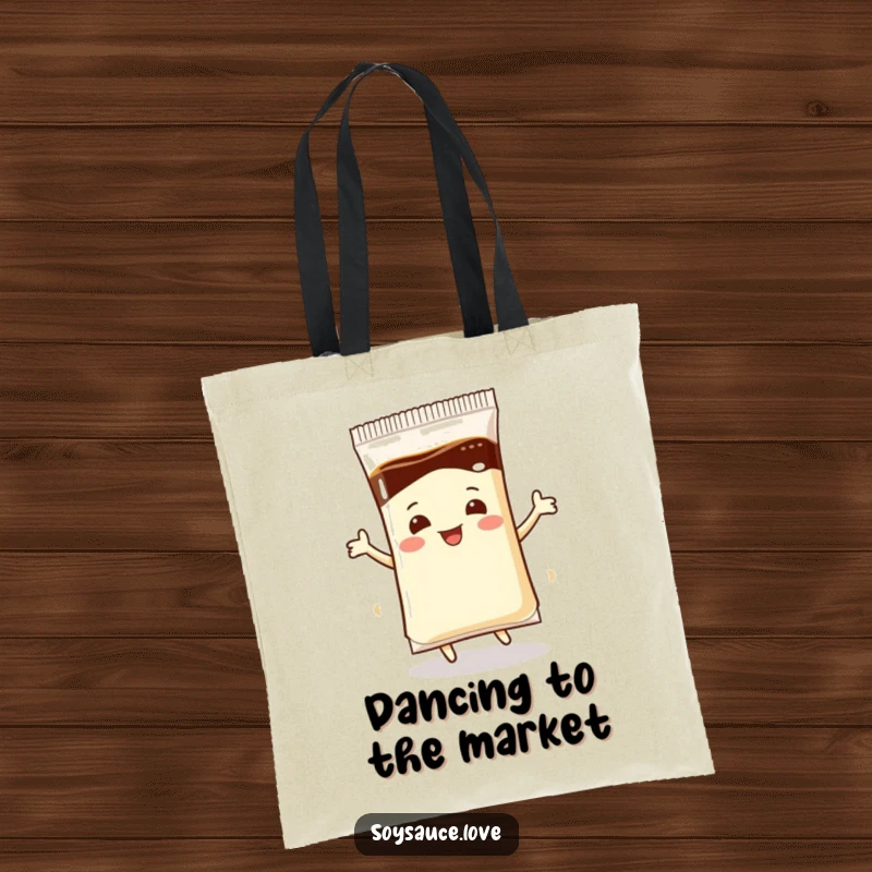 Funny Tote Bag: A reusable bag showcasing a happy soy sauce packet performing a lively dance, ready for any adventure.