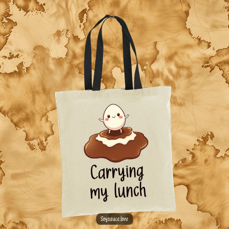 Funny tote bag with a cheerful egg character surfing a soy sauce puddle, perfect for everyday use and carrying breakfast vibes.