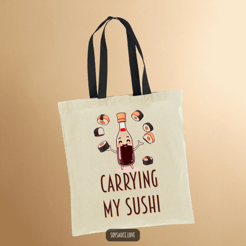 Funny soy sauce tote bag with a smiling bottle character juggling sushi pieces, ready for market trips.