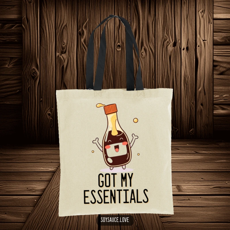 Funny kawaii soy sauce bottle tote bag, depicting an animated bottle joyfully offering a splash, ideal for eco-friendly and humorous shopping.
