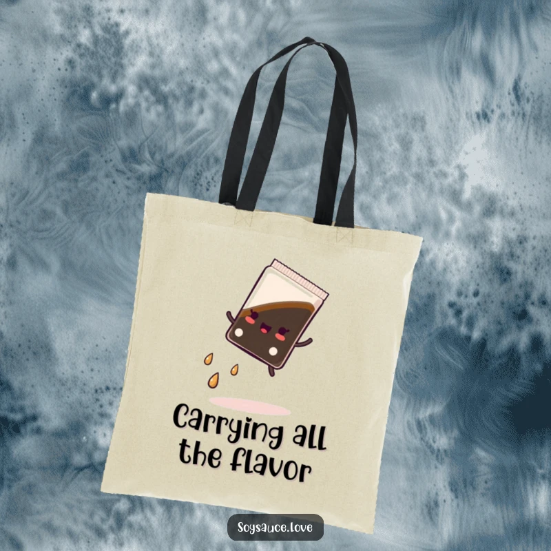 Funny tote bag with a kawaii soy sauce packet doing a cartwheel, surrounded by tiny droplets, showcasing a whimsical and energetic design.