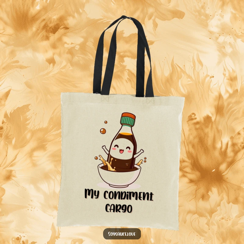 Funny tote bag featuring a kawaii soy sauce bottle character joyfully splashing into a tiny bowl, perfect for groceries.