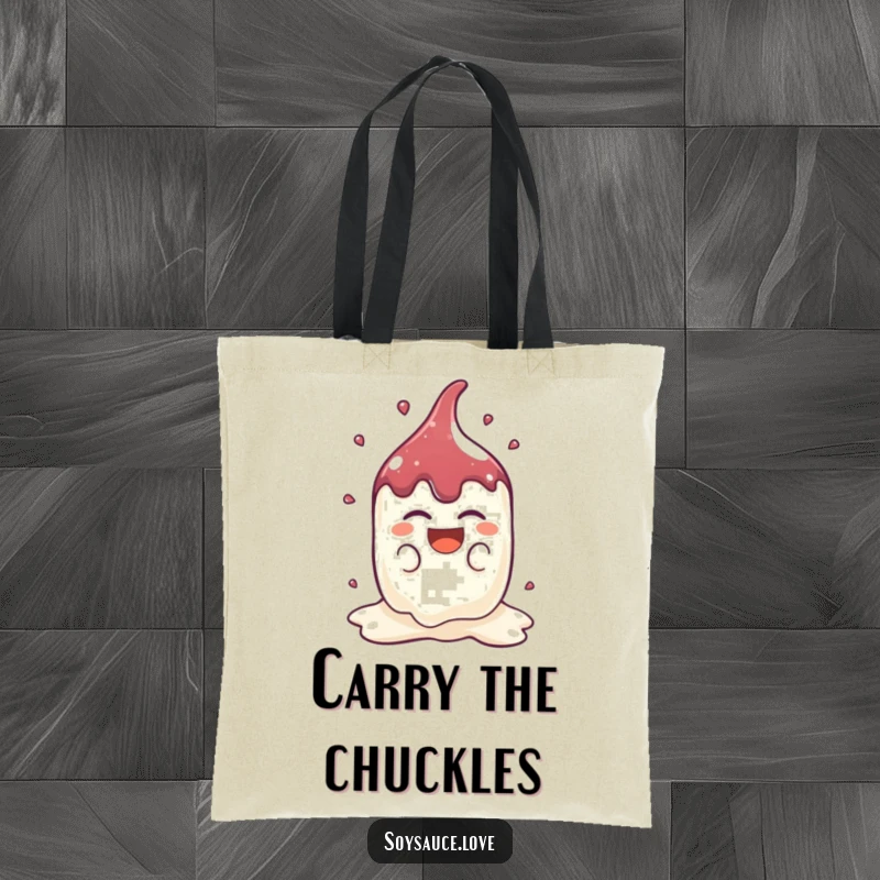 Funny Kawaii Soy Sauce Tote Bag: A cute soy sauce splat character laughs heartily, perfect for carrying groceries with a smile.
