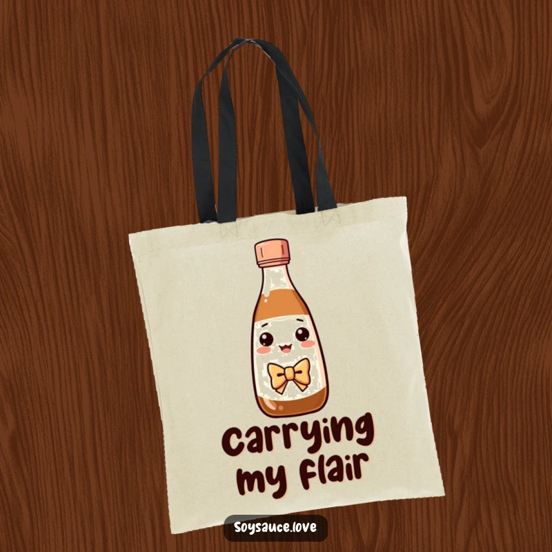 Funny Kawaii soy sauce bottle with a bow tie bowing courteously on a tote bag.