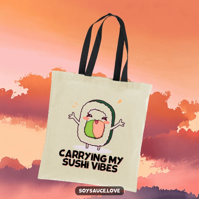 Funny kawaii sushi roll with arms outstretched, doing a silly dance and winking, durable and humorous tote bag.