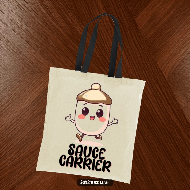 Funny tote bag with a soy sauce cap character, large happy eyes, doing a little hop.