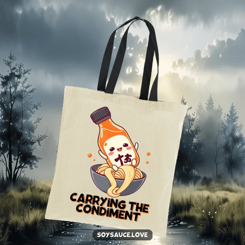 Funny anthropomorphic soy sauce bottle sliding down a noodle, printed on a durable tote bag for a humorous carry-all.