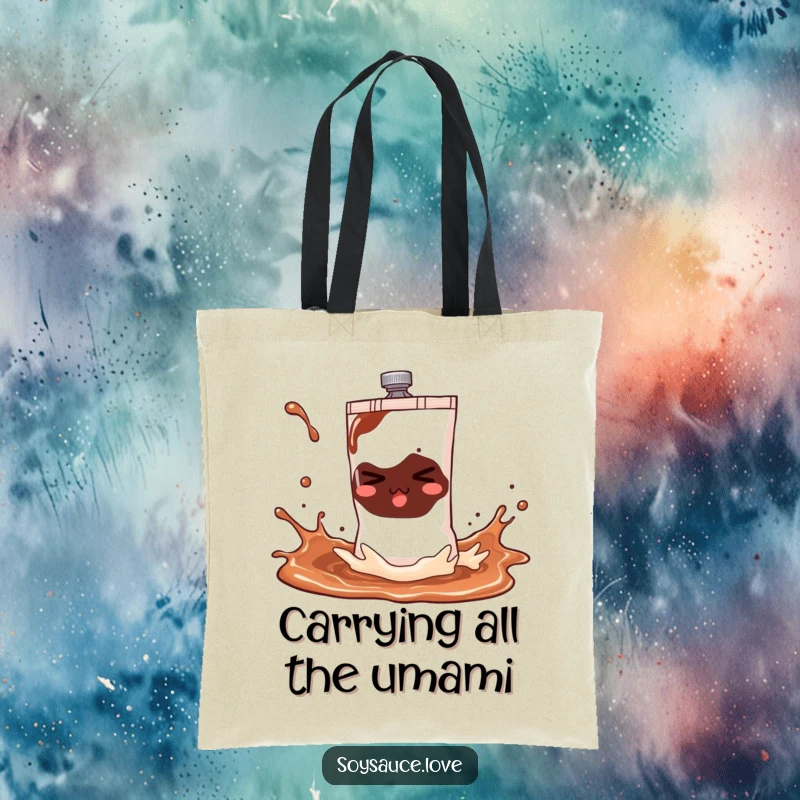 Funny soy sauce sachet tote bag with a mischievous character in a playful splash, a practical and humorous accessory for daily use.