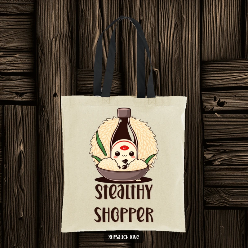 Funny Kawaii tote bag showcasing a cute soy sauce bottle character hiding behind a large grain of rice, perfect for carrying essentials with foodie humor.